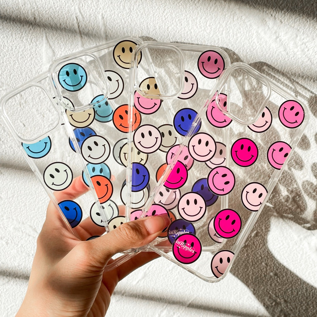 Smile Faces Silicone Acrylic Clear iPhone Case Blue inRipples