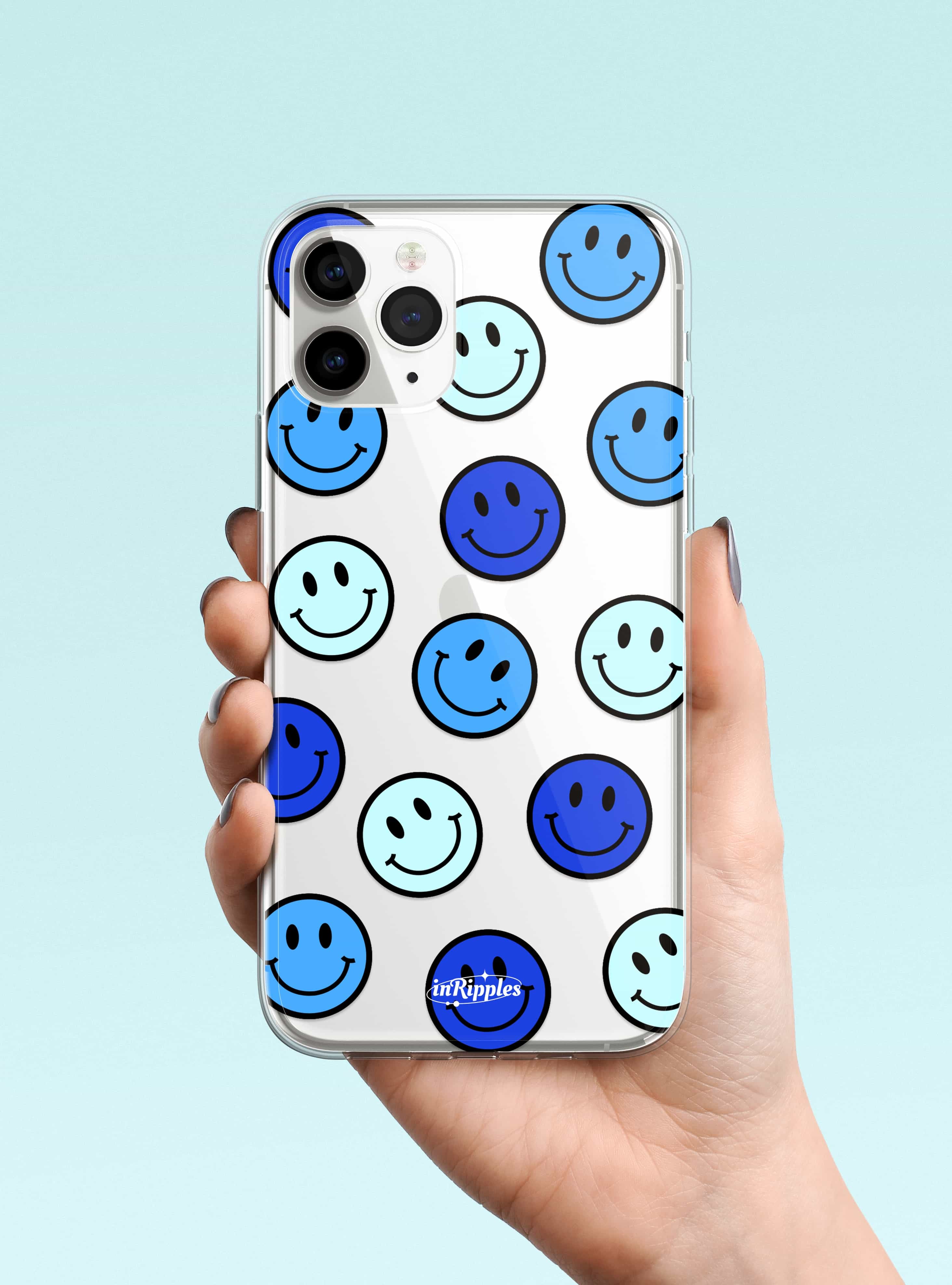 Smile Faces Silicone Acrylic Clear iPhone Case Blue inRipples